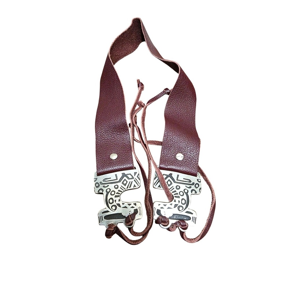 Vintage UF Handcrafted Women's S Leather Metal Belt Intricate Tribal Design Buck